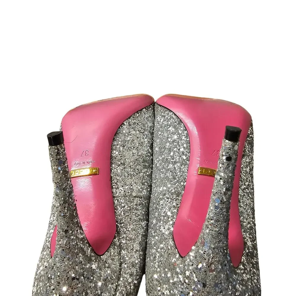Gucci Virginia Heel Pump Size 37 US 7 Silver Glitter Pink Sole Pointed Toe
